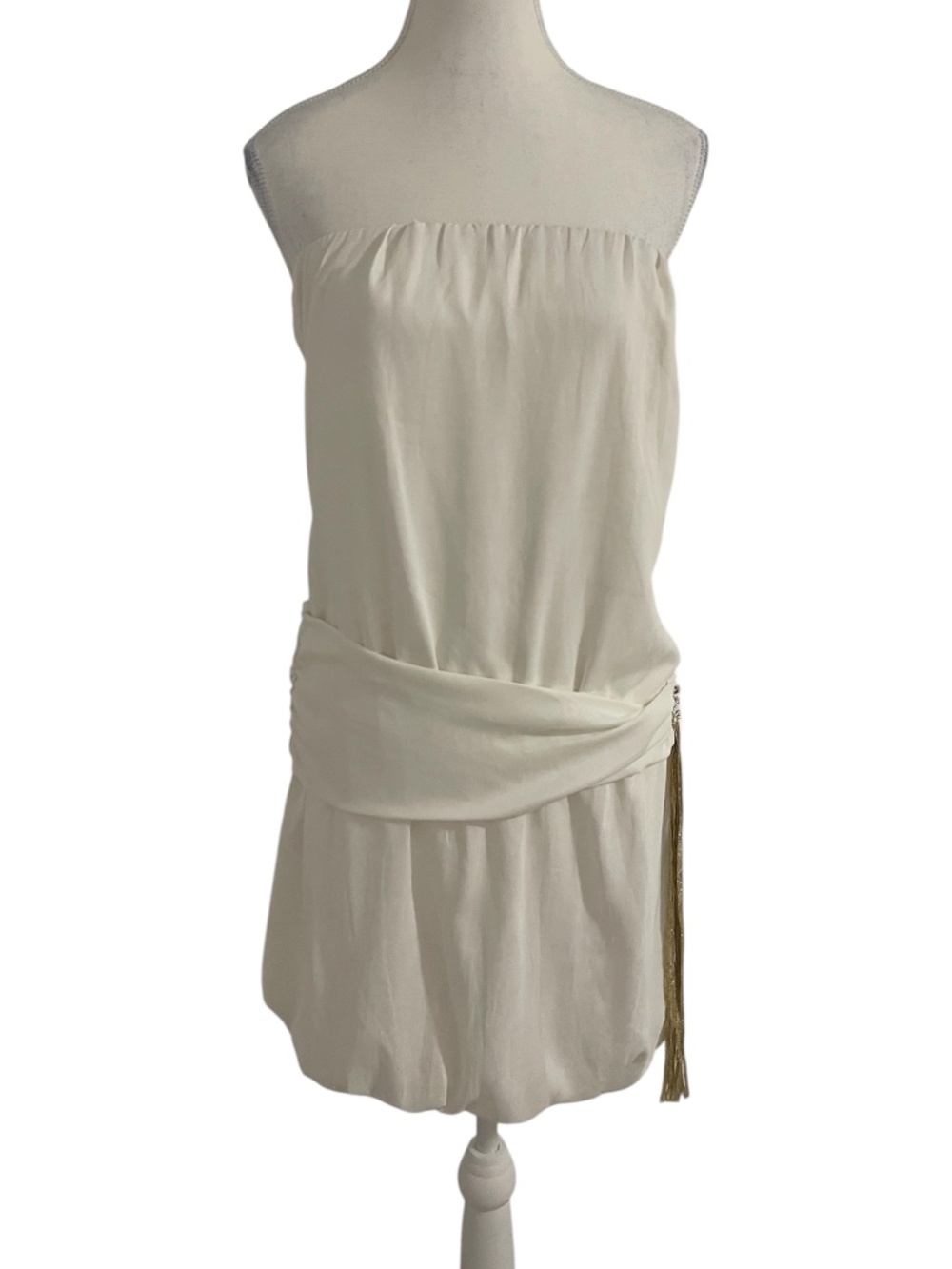 Grama White Medium Strappless Short Dress with Gold Fringe Detail